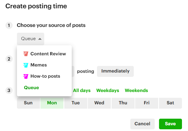 Choose the Content Buckets each posting time can draw from.