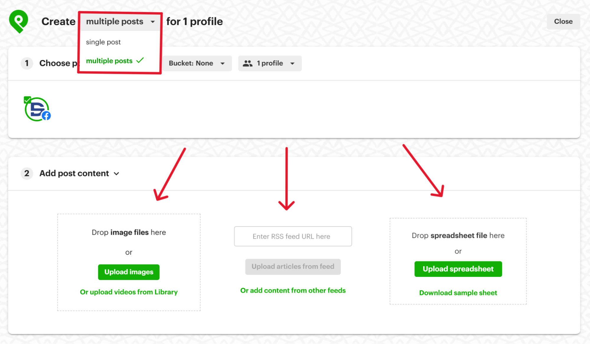 Click where it says "single post.” and select "multiple posts." Here, you’ll have 3 options to upload your posts in bulk: